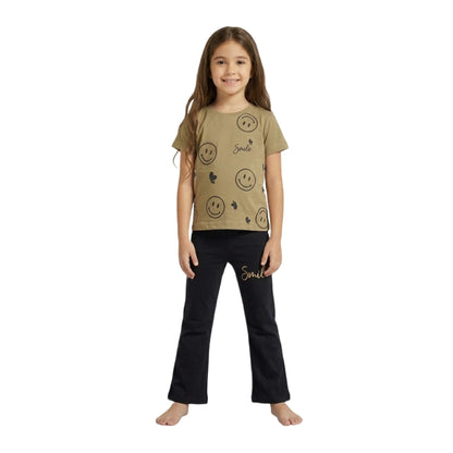 Half-Sleeve Olive Tan Smile Graphics Tee & Matching Black Flare Trousers 2-Piece Outfit