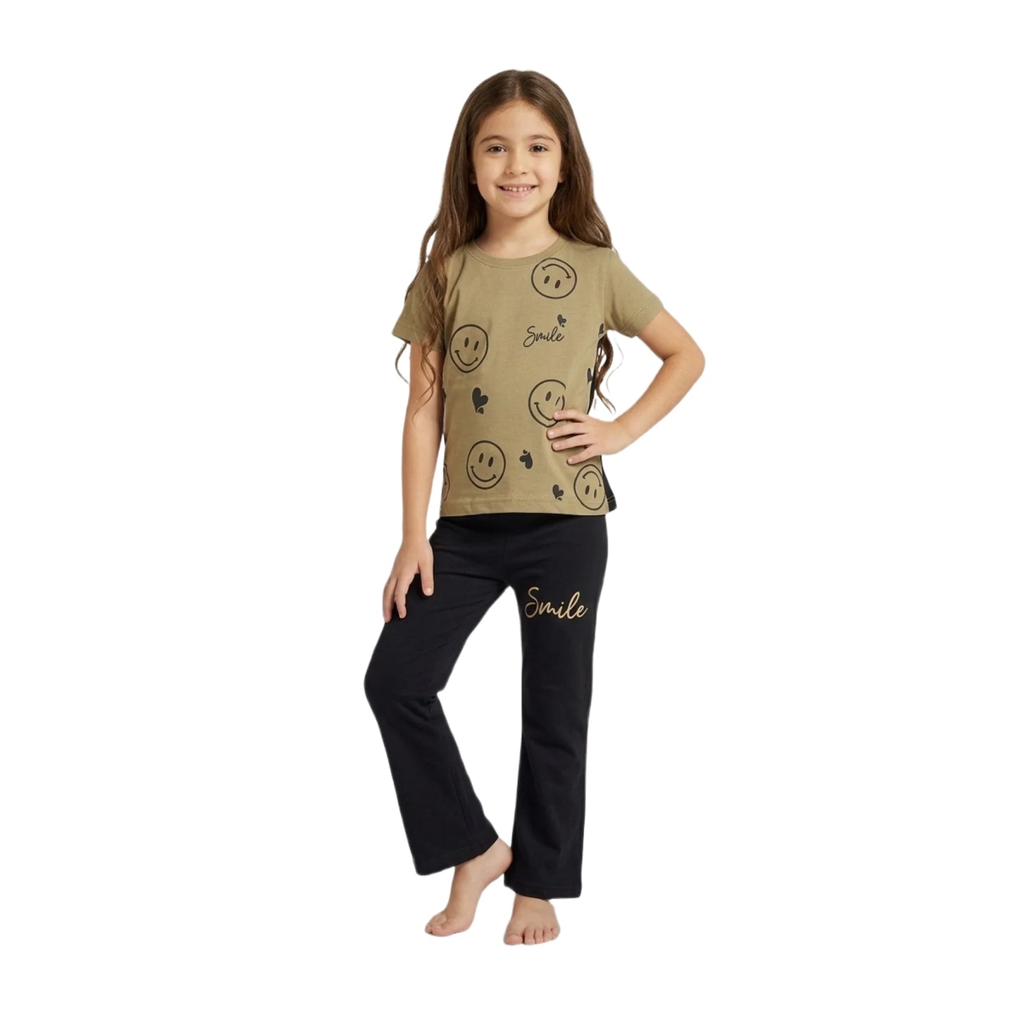 Half-Sleeve Olive Tan Smile Graphics Tee & Matching Black Flare Trousers 2-Piece Outfit