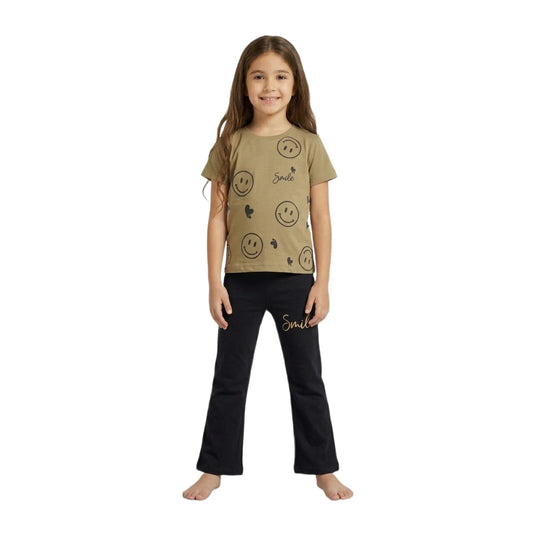 Half-Sleeve Olive Tan Smile Graphics Tee & Matching Black Flare Trousers 2-Piece Outfit