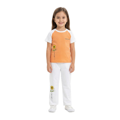 Half-Sleeve Orange Sunflower Graphics Shirt & White Trousers 2-Piece Outfit