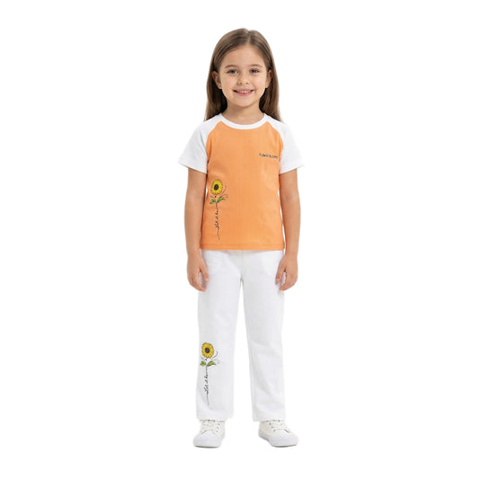 Half-Sleeve Orange Sunflower Graphics Shirt & White Trousers 2-Piece Outfit