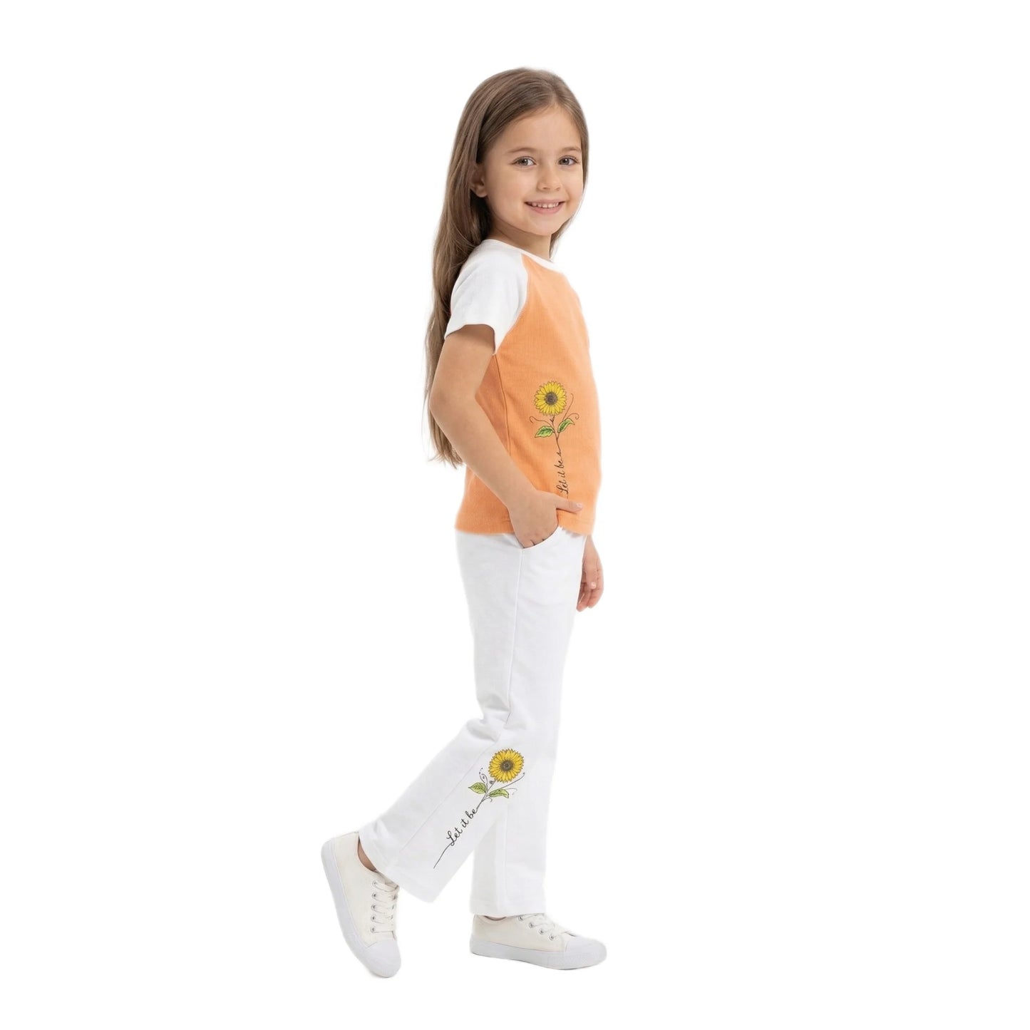 Half-Sleeve Orange Sunflower Graphics Shirt & White Trousers 2-Piece Outfit