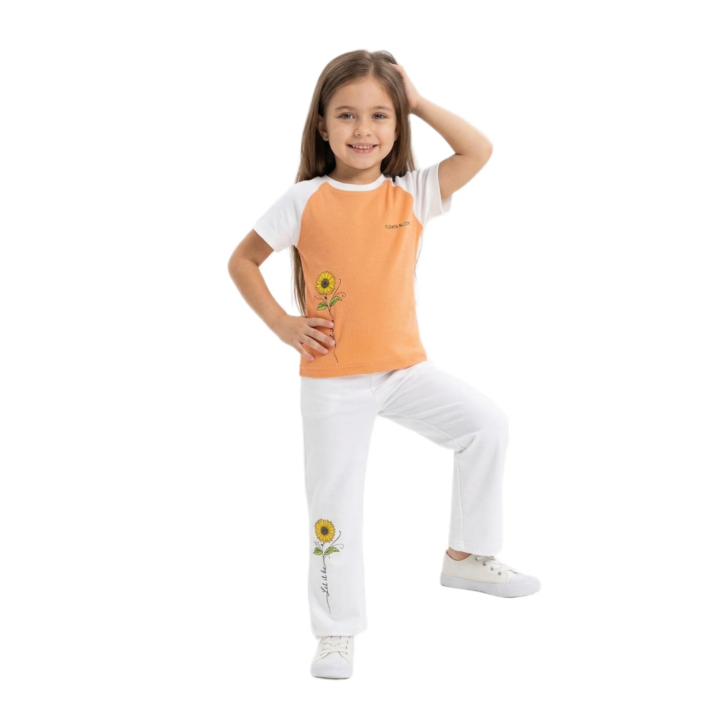 Half-Sleeve Orange Sunflower Graphics Shirt & White Trousers 2-Piece Outfit