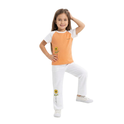 Half-Sleeve Orange Sunflower Graphics Shirt & White Trousers 2-Piece Outfit
