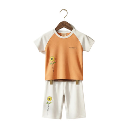 Half-Sleeve Orange Sunflower Graphics Shirt & White Trousers 2-Piece Outfit