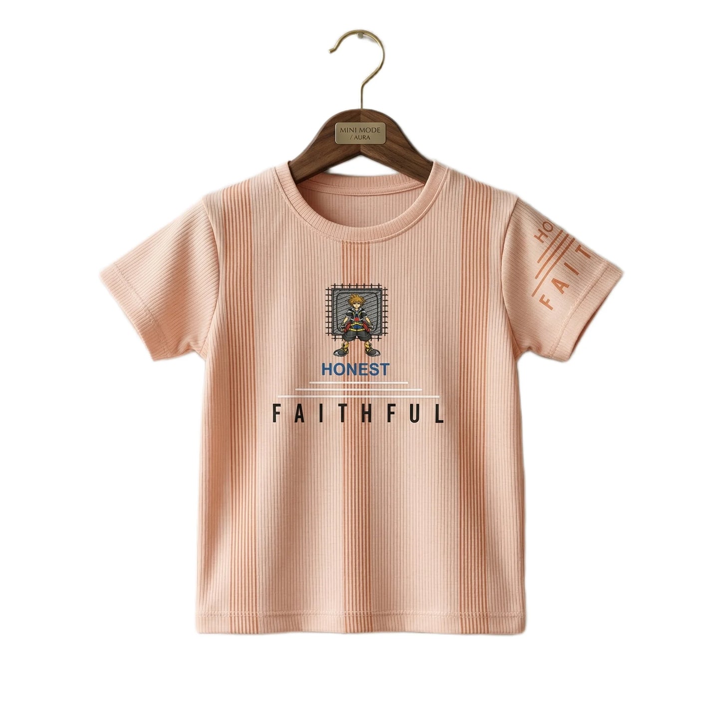Boys Peach Striped Honest Faithful Character Graphic T-Shirt | Soft Cotton Crew Neck Casual Tee for Kids