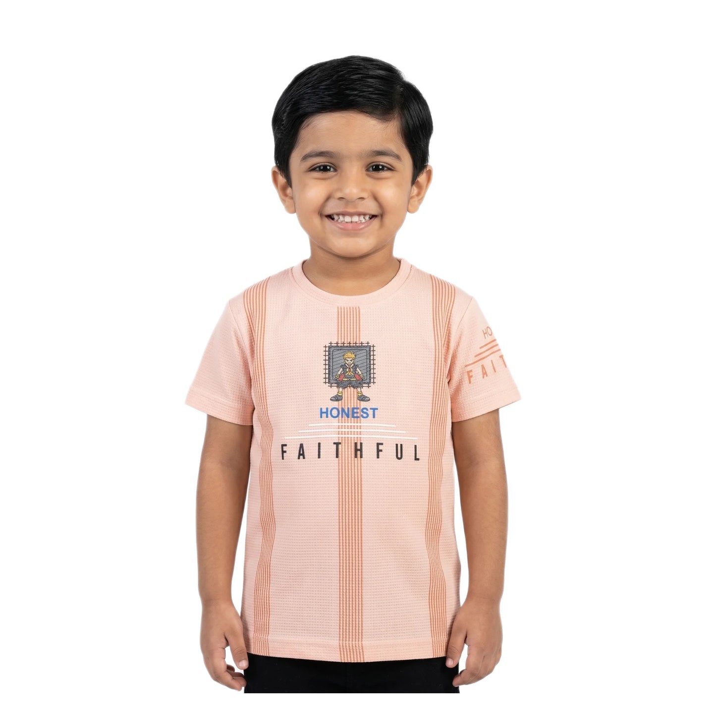 Boys Peach Striped Honest Faithful Character Graphic T-Shirt | Soft Cotton Crew Neck Casual Tee for Kids