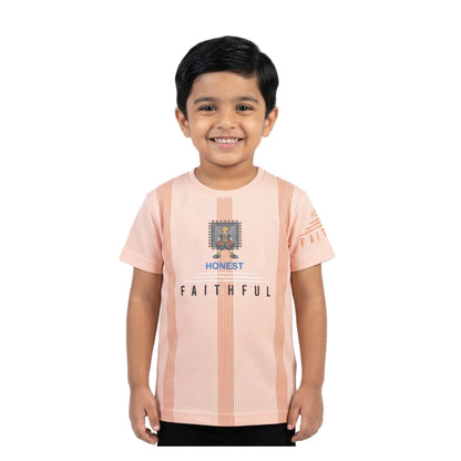 Boys Peach Striped Honest Faithful Character Graphic T-Shirt | Soft Cotton Crew Neck Casual Tee for Kids