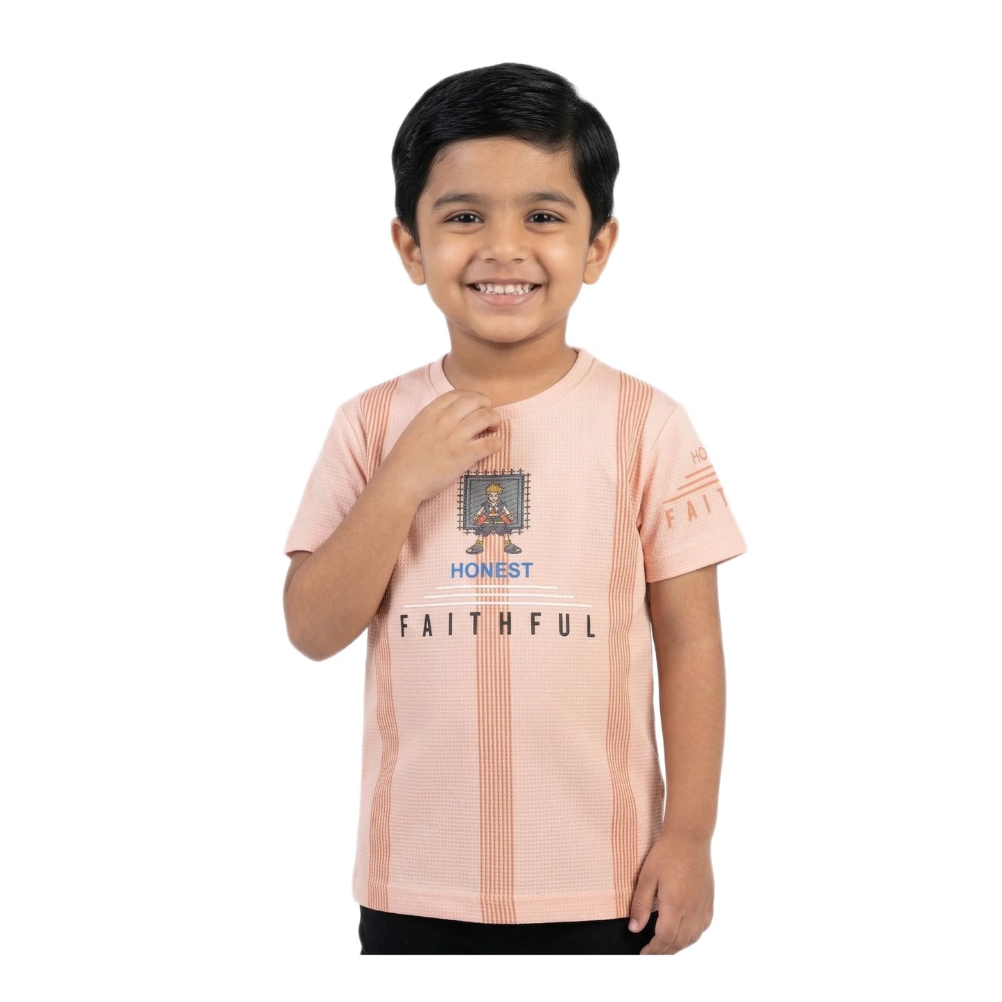 Boys Peach Striped Honest Faithful Character Graphic T-Shirt | Soft Cotton Crew Neck Casual Tee for Kids