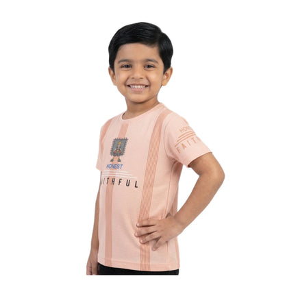 Boys Peach Striped Honest Faithful Character Graphic T-Shirt | Soft Cotton Crew Neck Casual Tee for Kids