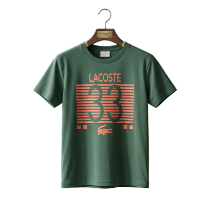 Boys Pine Green Lacoste 33 Striped Graphic T-Shirt | Soft Textured Cotton Crew Neck