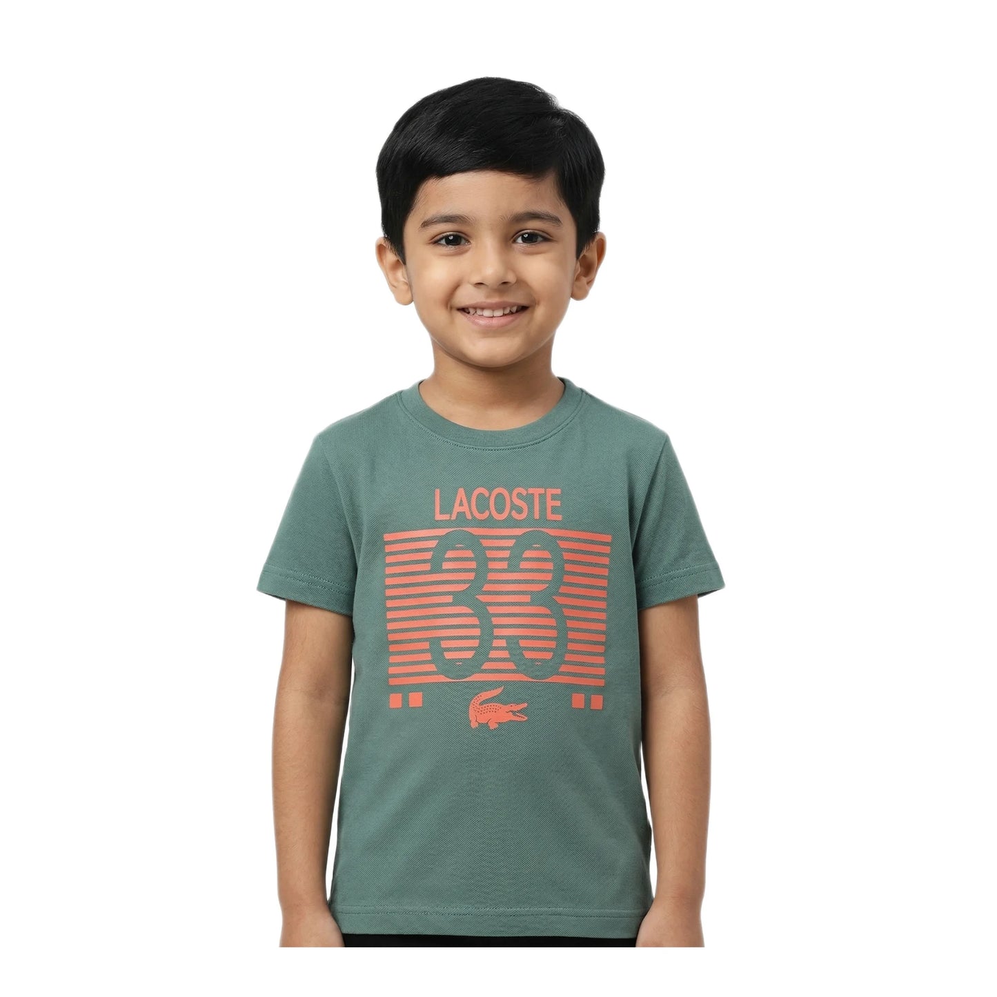 Boys Pine Green Lacoste 33 Striped Graphic T-Shirt | Soft Textured Cotton Crew Neck