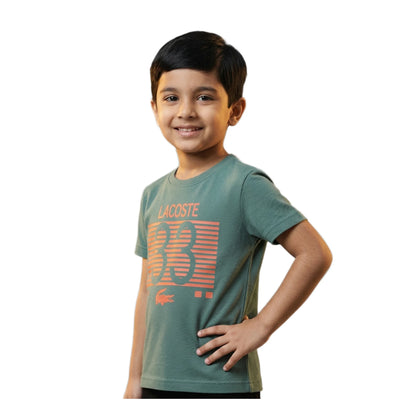 Boys Pine Green Lacoste 33 Striped Graphic T-Shirt | Soft Textured Cotton Crew Neck