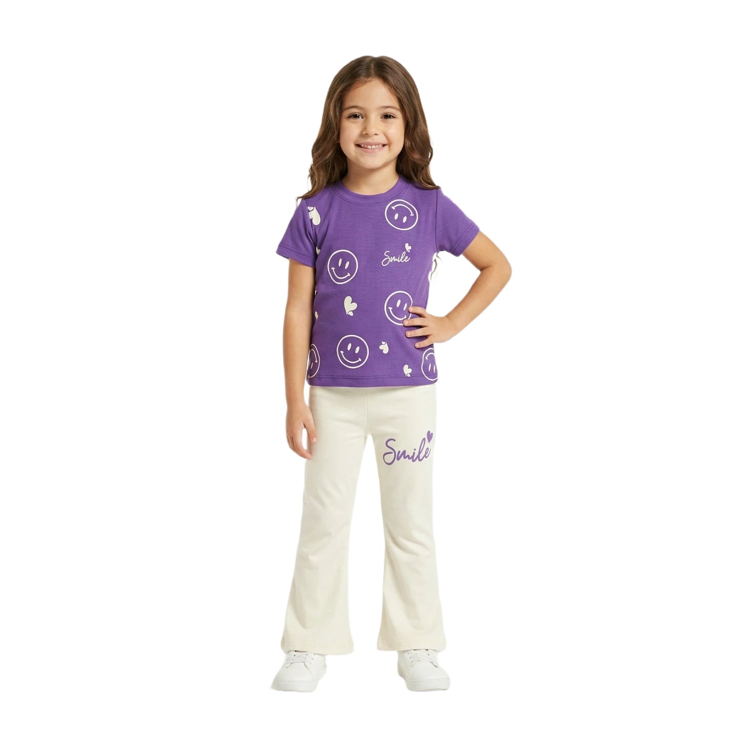 Half-Sleeve Purple Smile Graphics Tee & Matching Off-White Flare Trousers 2-Piece Outfit