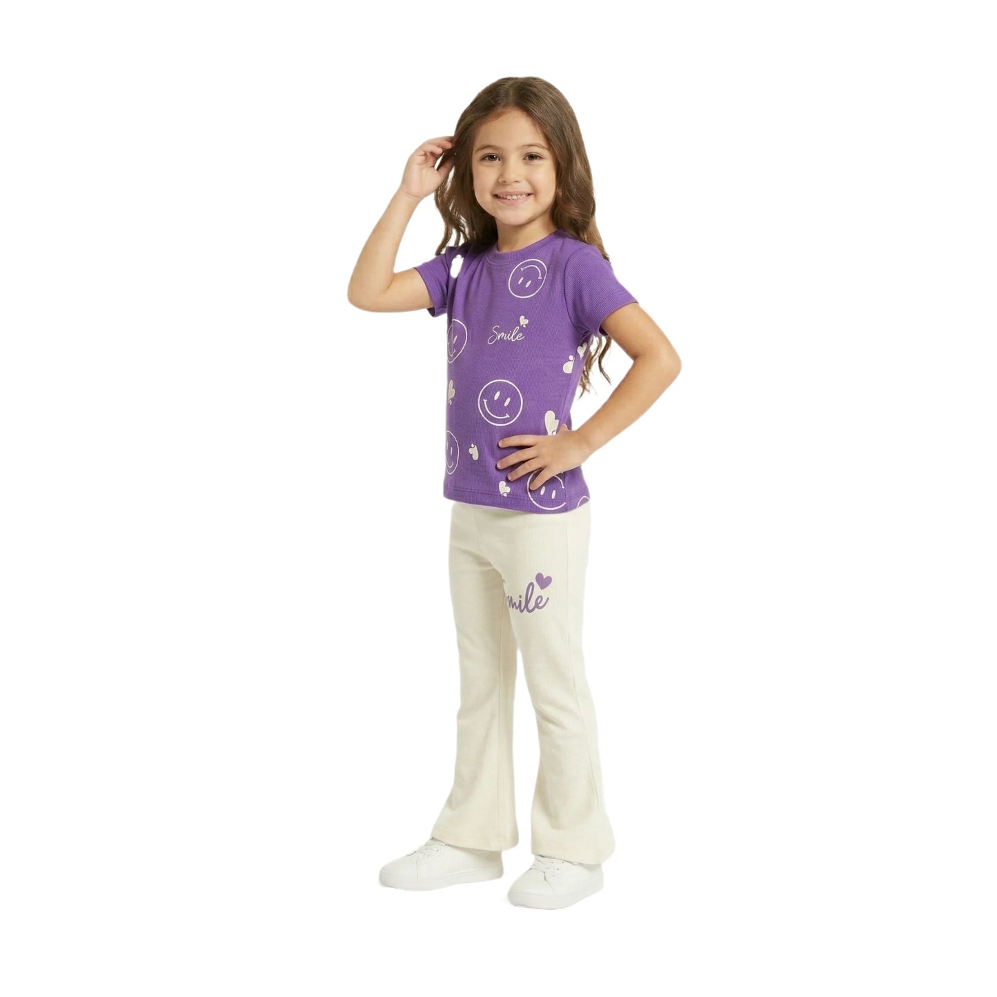 Half-Sleeve Purple Smile Graphics Tee & Matching Off-White Flare Trousers 2-Piece Outfit