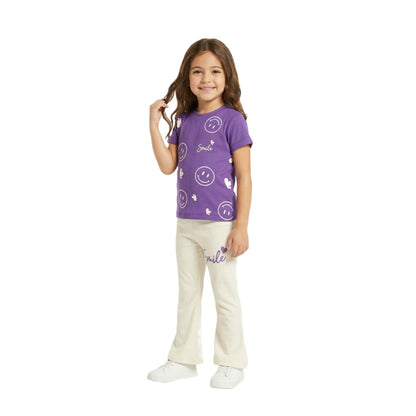 Half-Sleeve Purple Smile Graphics Tee & Matching Off-White Flare Trousers 2-Piece Outfit
