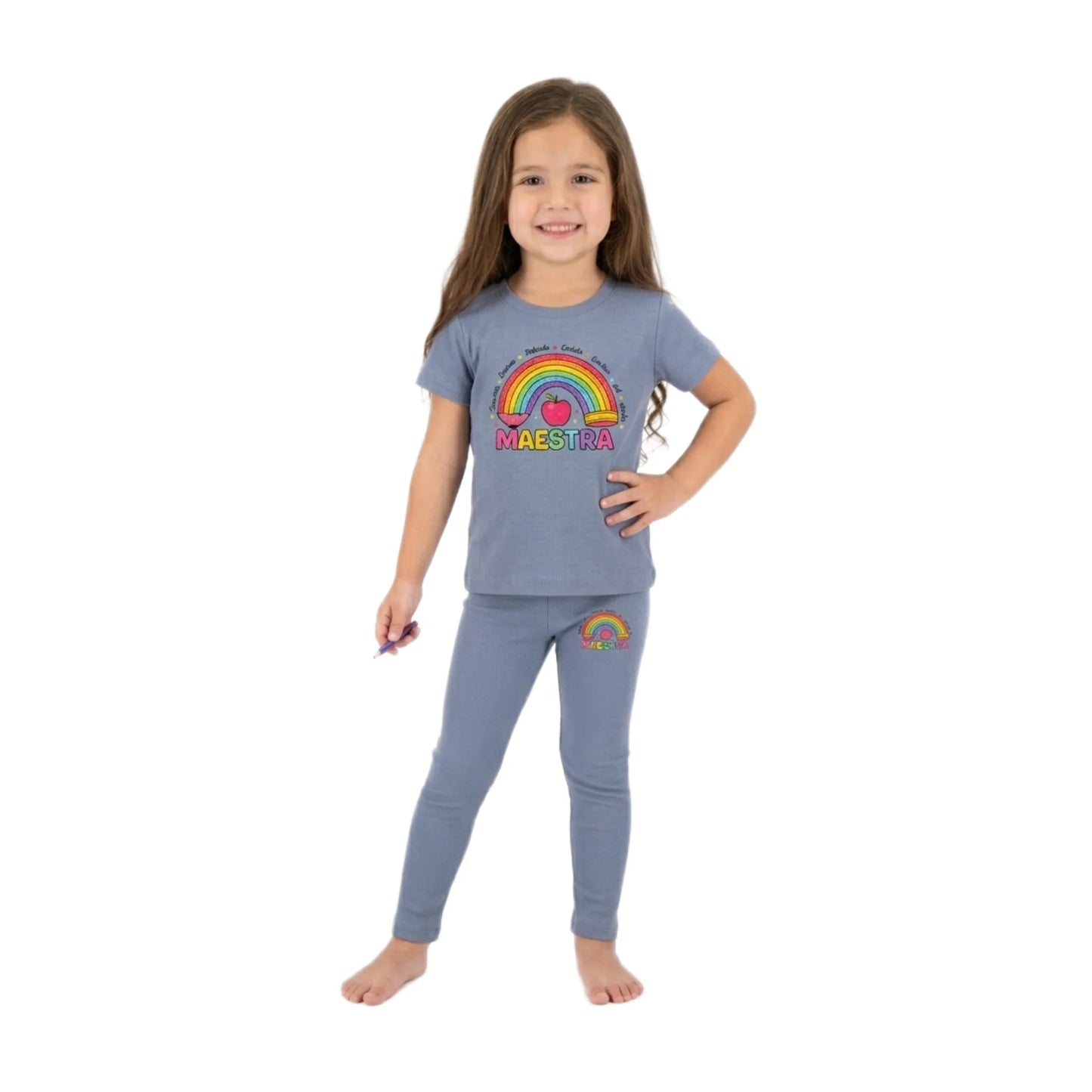 Half-Sleeve Rainbow Pencil Graphic Tee Paired with Same Trousers 2 Piece-Outfit Set