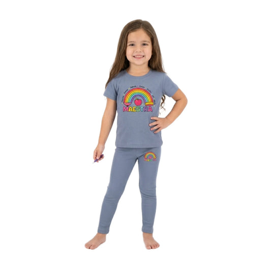 Half-Sleeve Rainbow Pencil Graphic Tee Paired with Same Trousers 2 Piece-Outfit Set