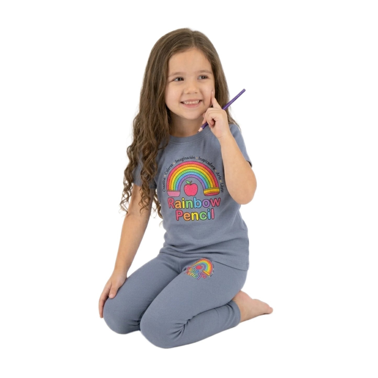 Half-Sleeve Rainbow Pencil Graphic Tee Paired with Same Trousers 2 Piece-Outfit Set