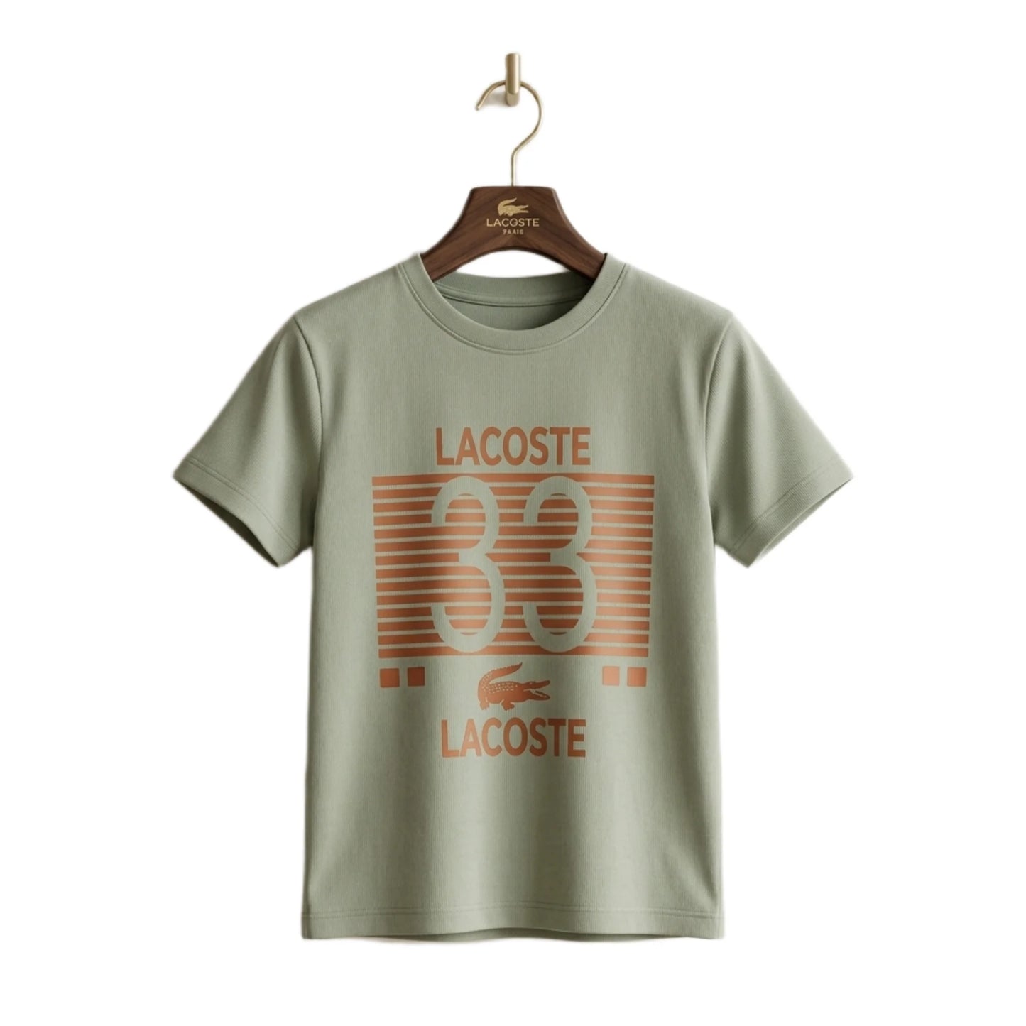 Boys Light Sage Green Lacoste 33 Striped Graphic T-Shirt | Soft Cotton Crew Neck