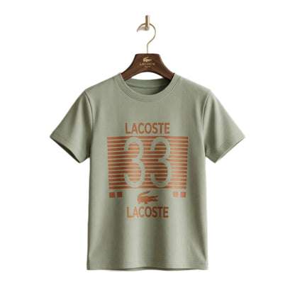 Boys Light Sage Green Lacoste 33 Striped Graphic T-Shirt | Soft Cotton Crew Neck