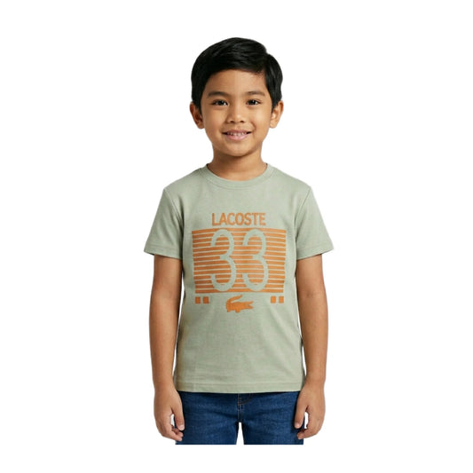 Boys Light Sage Green Lacoste 33 Striped Graphic T-Shirt | Soft Cotton Crew Neck