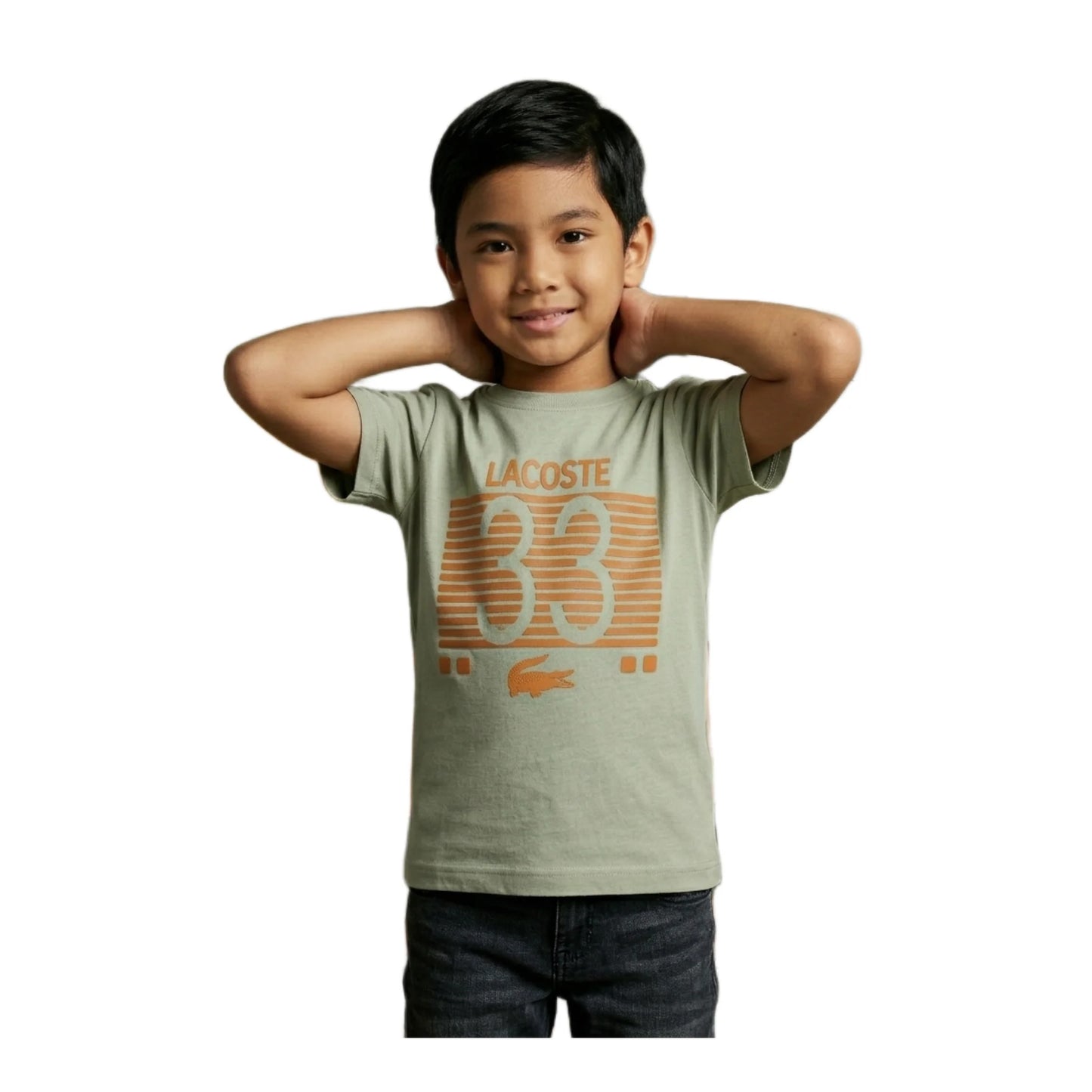 Boys Light Sage Green Lacoste 33 Striped Graphic T-Shirt | Soft Cotton Crew Neck