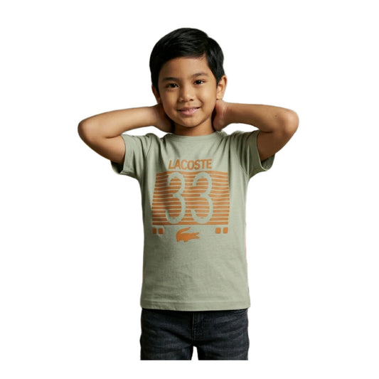 Boys Light Sage Green Lacoste 33 Striped Graphic T-Shirt | Soft Cotton Crew Neck