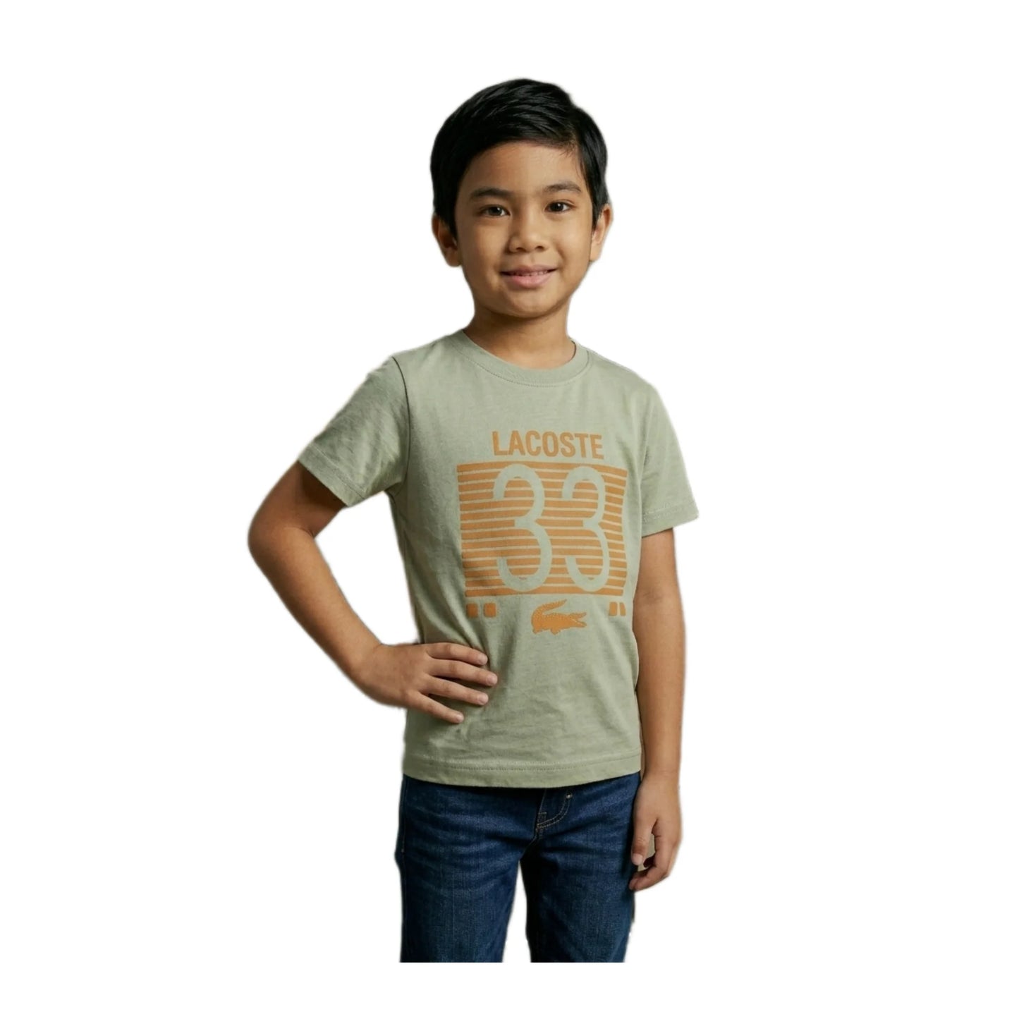 Boys Light Sage Green Lacoste 33 Striped Graphic T-Shirt | Soft Cotton Crew Neck