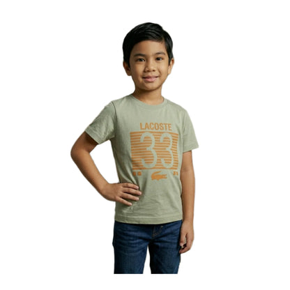 Boys Light Sage Green Lacoste 33 Striped Graphic T-Shirt | Soft Cotton Crew Neck