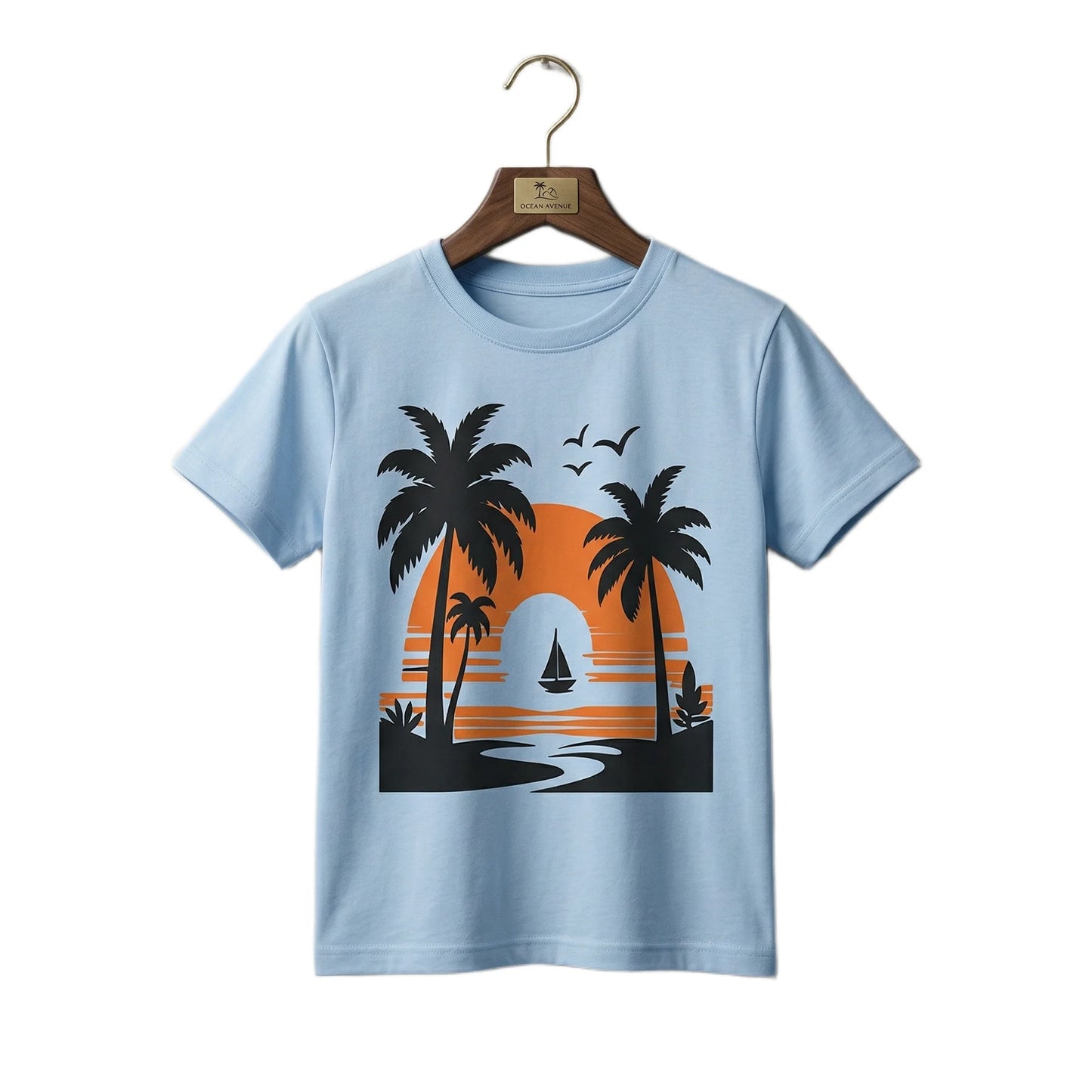 Boys Sky Blue Tropical Sunset Sailboat Scenic Graphic T-Shirt | Soft Cotton Crew Neck