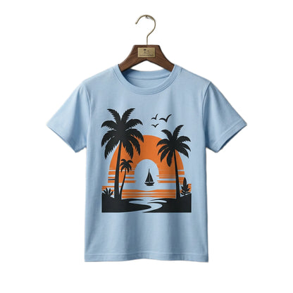 Boys Sky Blue Tropical Sunset Sailboat Scenic Graphic T-Shirt | Soft Cotton Crew Neck