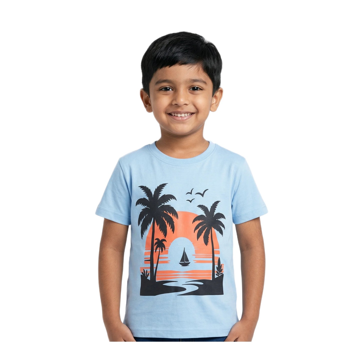 Boys Sky Blue Tropical Sunset Sailboat Scenic Graphic T-Shirt | Soft Cotton Crew Neck