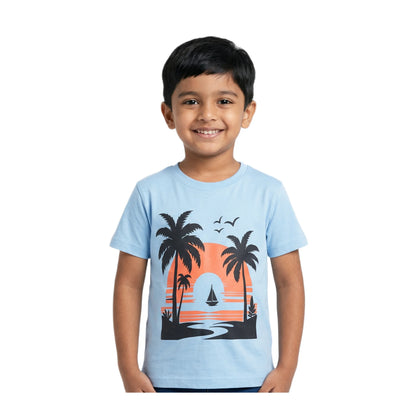 Boys Sky Blue Tropical Sunset Sailboat Scenic Graphic T-Shirt | Soft Cotton Crew Neck
