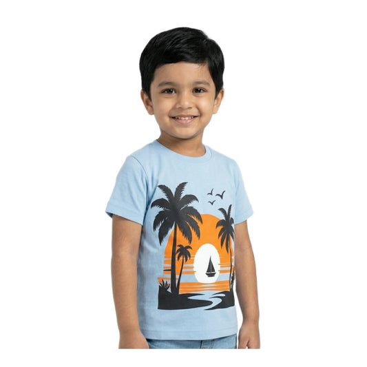 Boys Sky Blue Tropical Sunset Sailboat Scenic Graphic T-Shirt | Soft Cotton Crew Neck