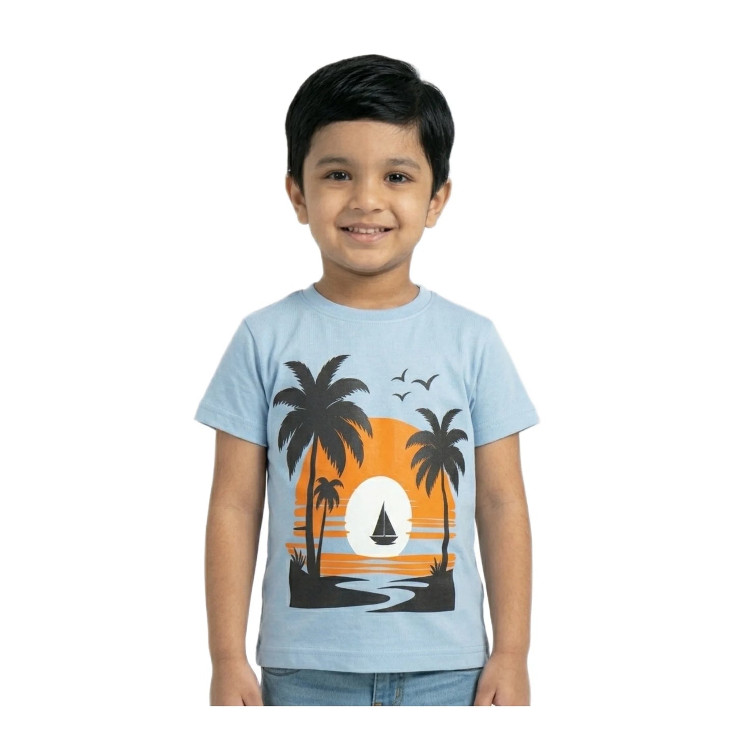 Boys Sky Blue Tropical Sunset Sailboat Scenic Graphic T-Shirt | Soft Cotton Crew Neck