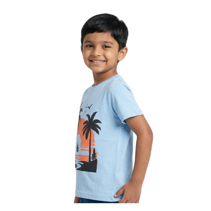 Boys Sky Blue Tropical Sunset Sailboat Scenic Graphic T-Shirt | Soft Cotton Crew Neck