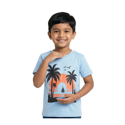 Boys Sky Blue Tropical Sunset Sailboat Scenic Graphic T-Shirt | Soft Cotton Crew Neck