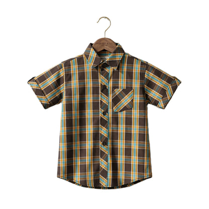 Harvest Gold & Brown Plaid Half-Sleeve Casual Boys Shirt