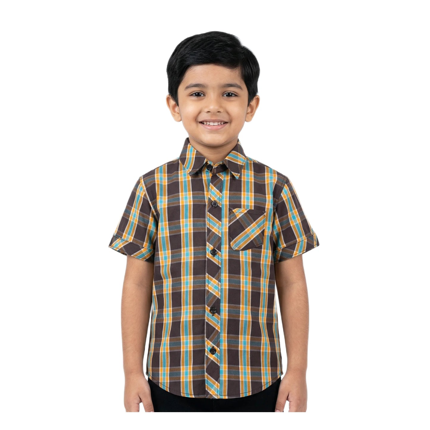 Harvest Gold & Brown Plaid Half-Sleeve Casual Boys Shirt