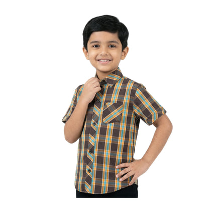 Harvest Gold & Brown Plaid Half-Sleeve Casual Boys Shirt