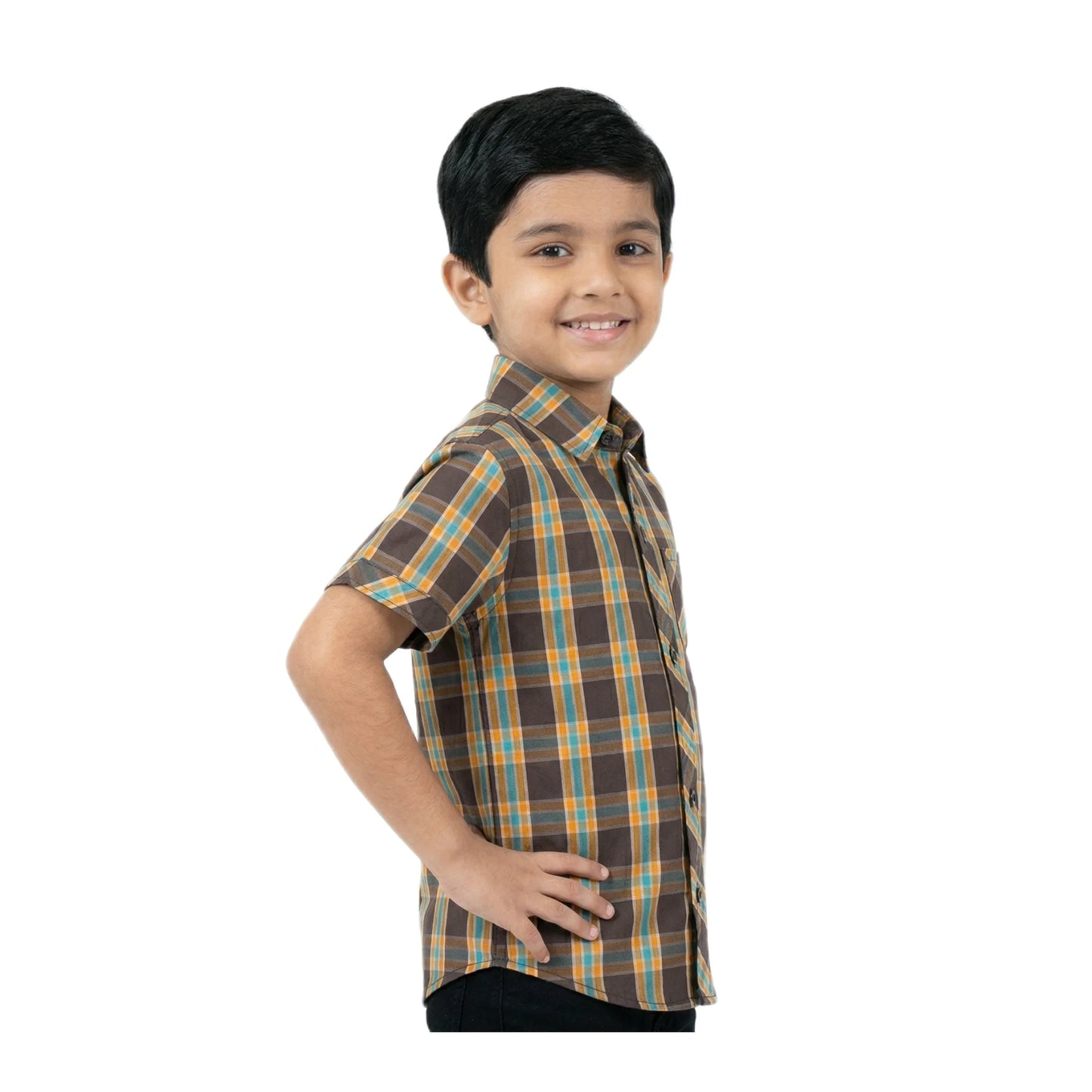 Harvest Gold & Brown Plaid Half-Sleeve Casual Boys Shirt