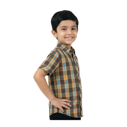 Harvest Gold & Brown Plaid Half-Sleeve Casual Boys Shirt