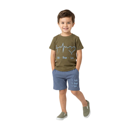Heartbeat Graphic Tee & Matching Shorts 2-Piece Set (Olive & Blue)