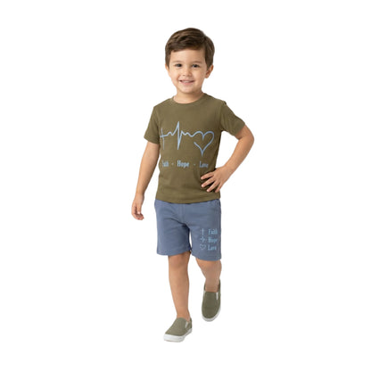 Heartbeat Graphic Tee & Matching Shorts 2-Piece Set (Olive & Blue)