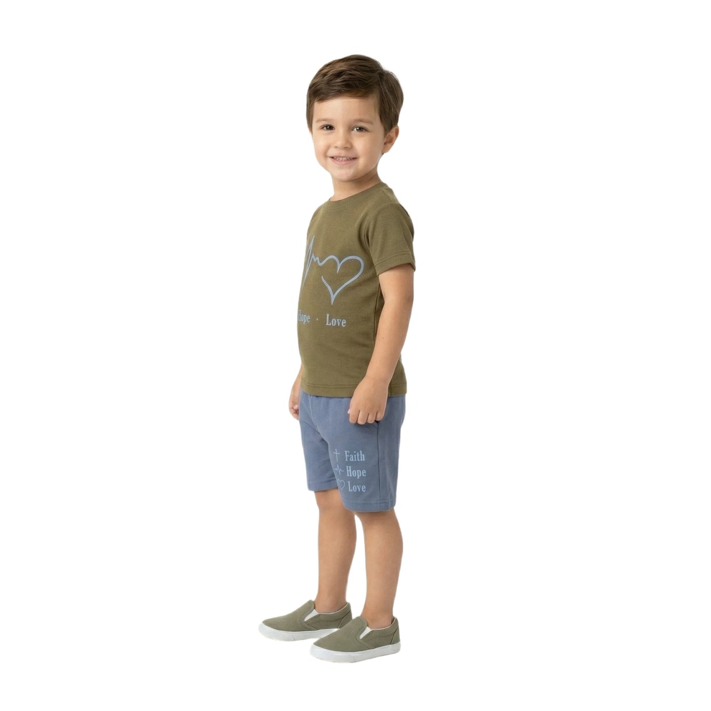 Heartbeat Graphic Tee & Matching Shorts 2-Piece Set (Olive & Blue)
