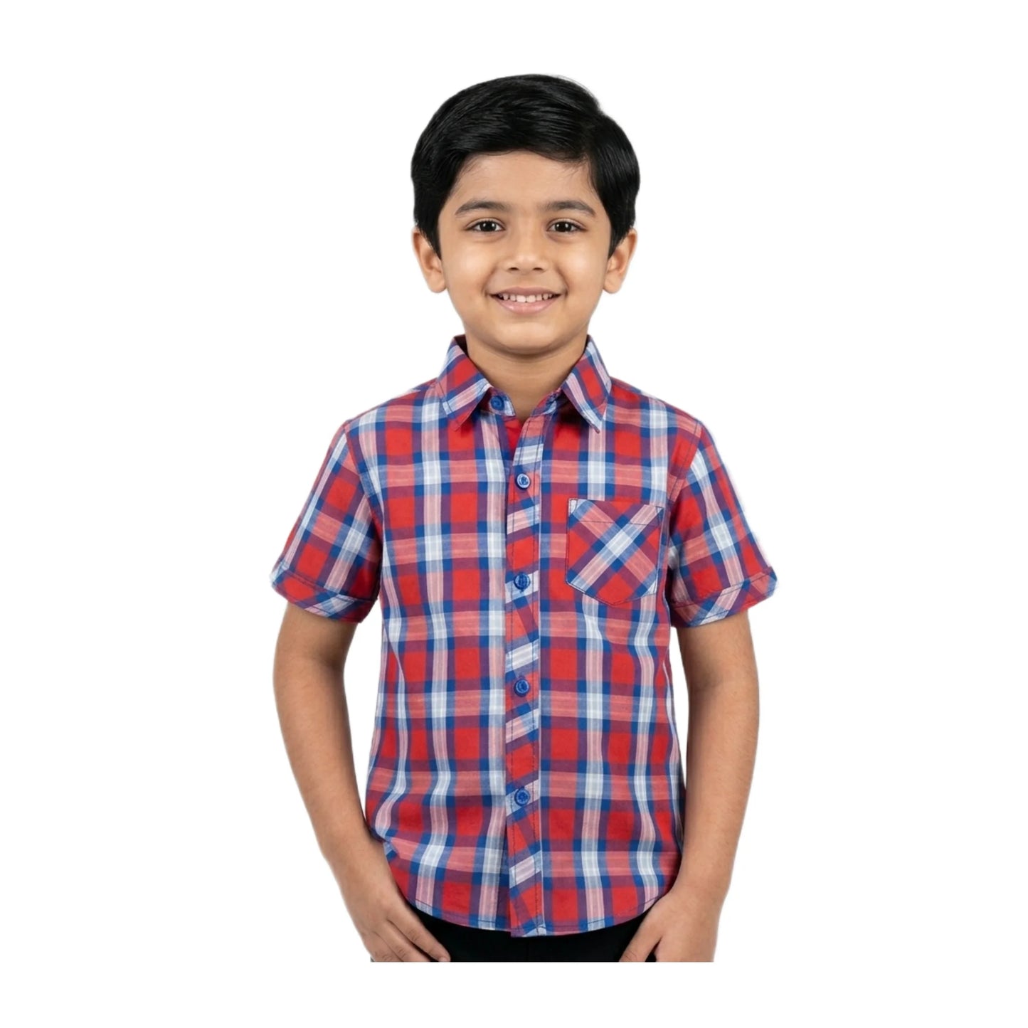 Navy & Red Classic Plaid Half-Sleeve Boys Shirt