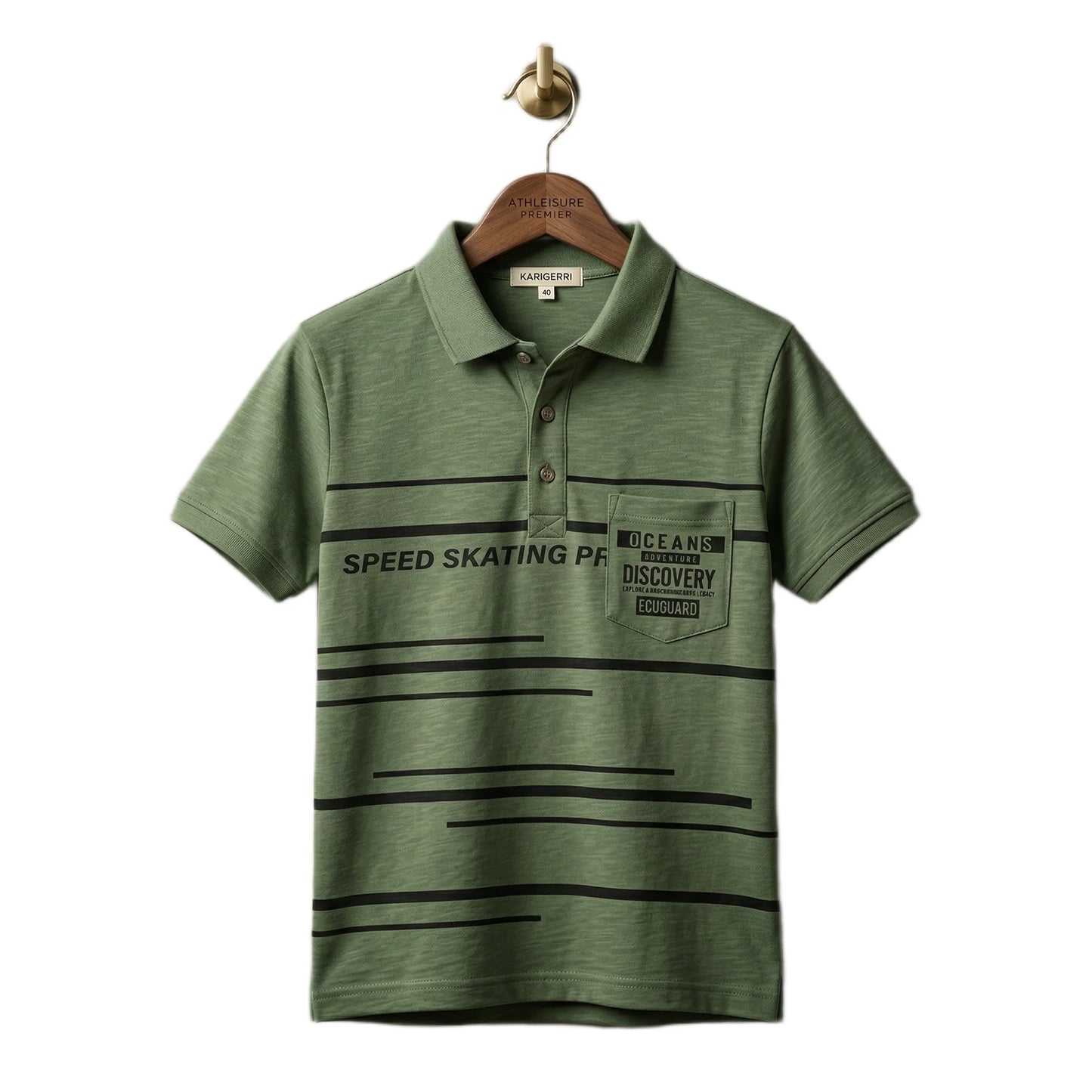 Boys Olive Moss Green Speed Skating Striped Polo Shirt | Soft Cotton Half Sleeve Collared Casual Polo for Kids