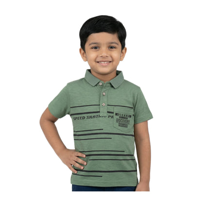 Boys Olive Moss Green Speed Skating Striped Polo Shirt | Soft Cotton Half Sleeve Collared Casual Polo for Kids