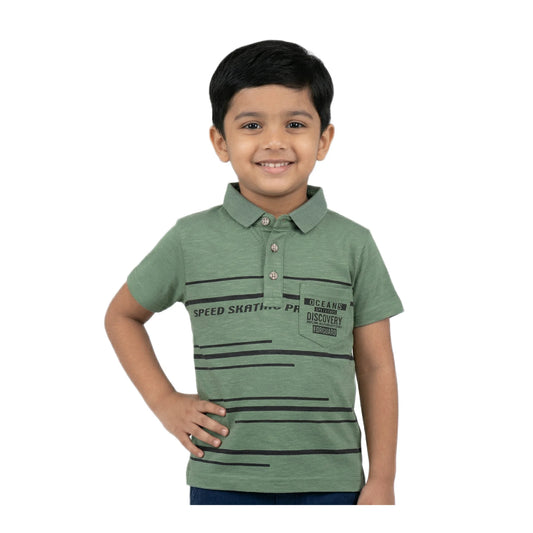 Boys Olive Moss Green Speed Skating Striped Polo Shirt | Soft Cotton Half Sleeve Collared Casual Polo for Kids